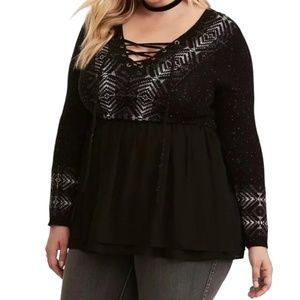 Torrid Plus Black Fair Isle Sweater. Knit Chiffon Trim Lace Up Size 1 (14/16)